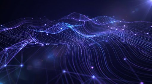Abstract digital ecosystem visualization with glowing nodes and crystalline structures